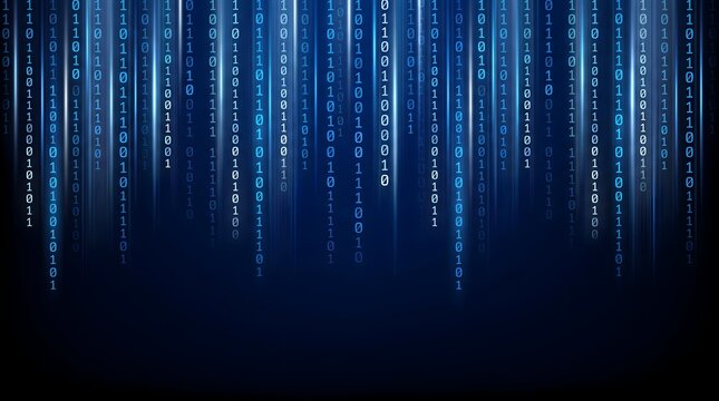 Abstract digital rain of binary code falling in vertical streams with glowing blue light on dark background technology and data concept