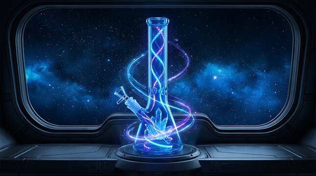 Futuristic energy column with glowing blue light in a dark science fiction setting