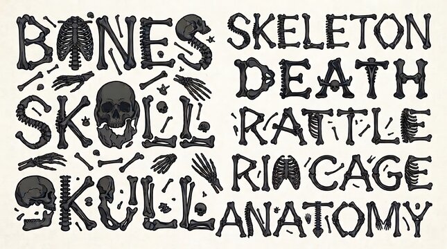 Typography featuring bone shapes spelling out spooky Halloween words.