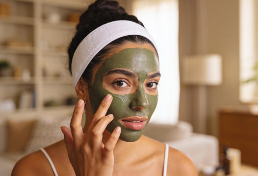 Young woman applying green clay facial mask for skincare routine at home indoor soft natural light wellness portrait