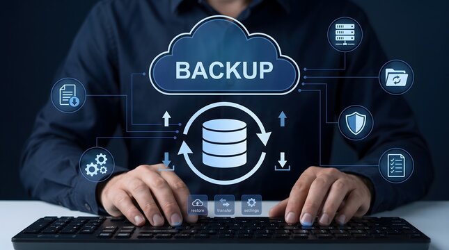 Digital cloud backup and data synchronization concept with database icons and network connections man using keyboard