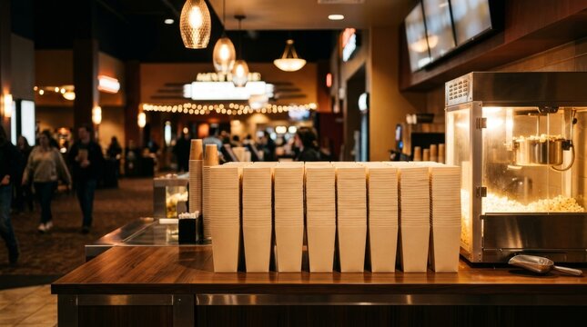 Stacks of paper cups sit on a wooden counter at a movie theater concession stand.