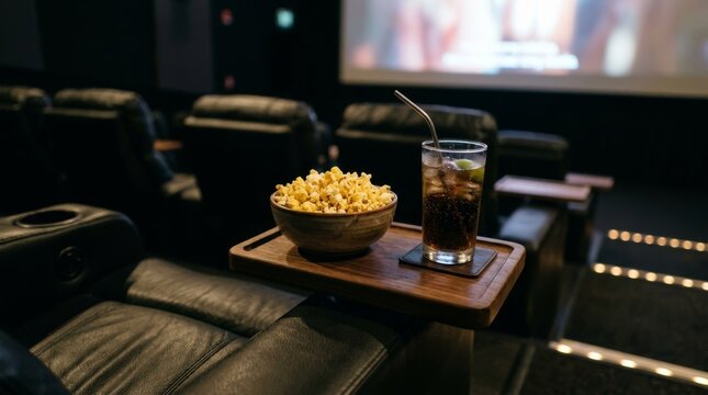 Popcorn bowl and cold drink sit on a wooden tray inside a dark cinema room.