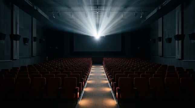 A cinema projector shines bright light through the dark room onto a big screen.
