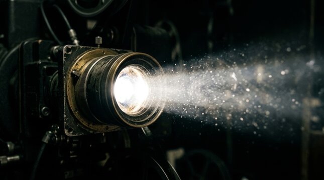 An old film projector shines bright light through the dark room.