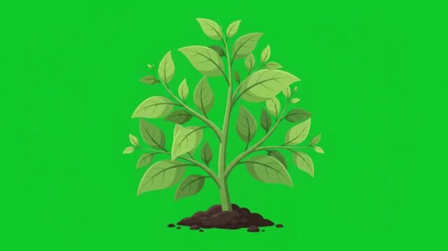 Vector illustration of a lush green plant growing from the soil isolated on a vibrant chroma key green screen background