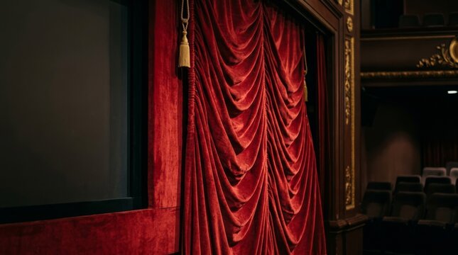Red velvet theater curtain hangs closed on the stage inside a vintage movie hall.