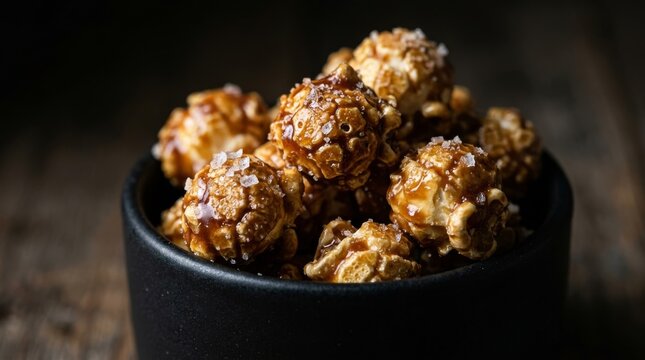 Delicious sweet caramel popcorn sits inside a dark bowl on a wooden table.