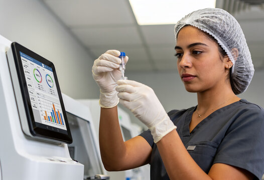 Female scientist analyzing sample tube with digital interface on laboratory diagnostic machine in medical facility