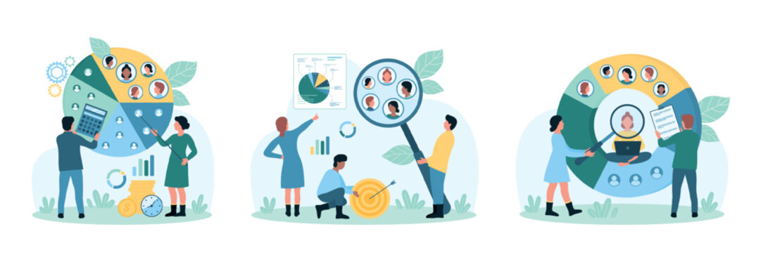 Audience segmentation and analysis set vector illustration. Cartoon tiny people research human resources for brand positioning, divide different potential customers into focus group pie chart