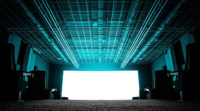 Empty cinema hall with glowing screen and blue neon lights illuminating the ceiling.