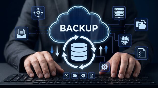 Business person using computer for cloud data backup and storage with digital icons representing security files and system processes.