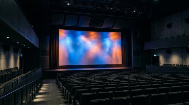 Empty movie theater with rows of seats facing a large glowing blue screen.