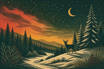 Obraz premium Winter forest landscape with deer under crescent moon