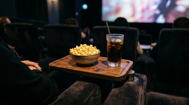 A person sits in a dark cinema and watches a movie with snacks.
