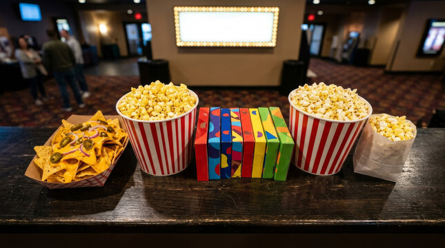 Buckets of popcorn and nachos sit ready on a counter in a movie theater.