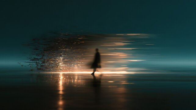 Human Silhouette Dissolving into Light Streaks and Particles - Representing digital transformation, cyber migration, existential transition, or fading identity.