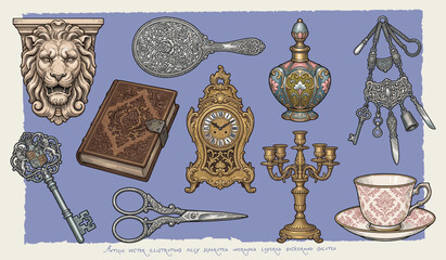 Antique objects vector set with lion head, key, book, clock, candelabra, teacup © bow