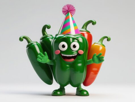 Happy green bell pepper vegetable character wearing a colorful party hat isolated on a white background