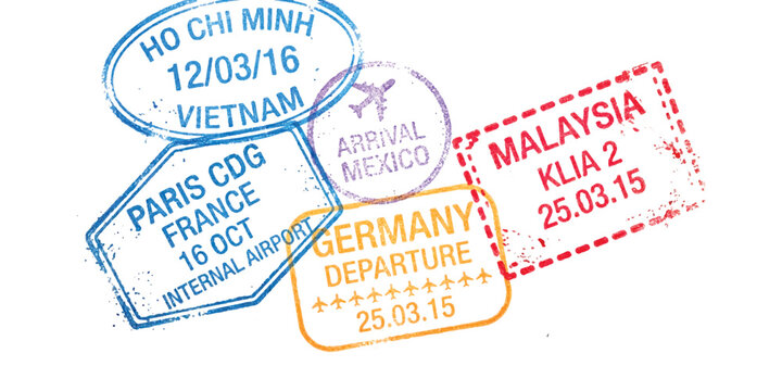 Collection of international passport stamps from various countries and airports