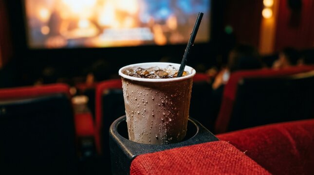 A cold drink sits inside a cup holder inside a dark movie theater.