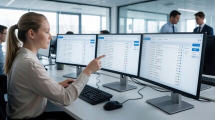 Naklejka na ściany i meble Young female technician works on help desk tickets using three computer monitors. Caucasian woman manages software dashboard, monitors system incidents, provides remote technical support in modern