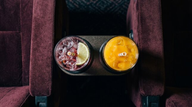 Two cold drinks sit on the cup holder in a movie theater.