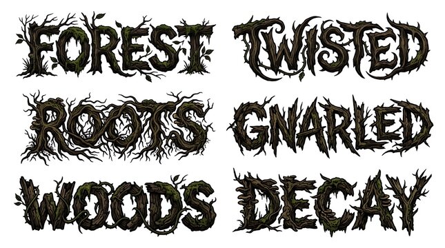 Roots and tree branch typography create a natural horror font style.