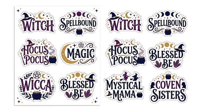 Labels display magical text designs with mystical symbols and borders.
