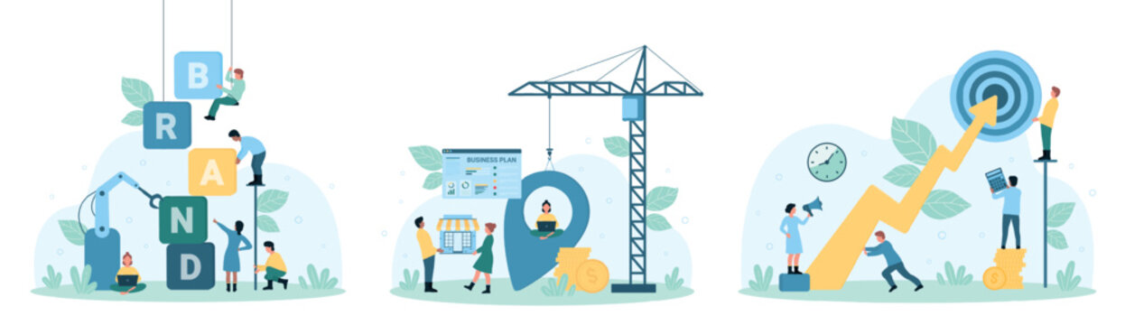 Brand strategy, success marketing set vector illustration. Cartoon tiny people build identity and reputation of company, plan corporate business expansion, advertising trends for target audience