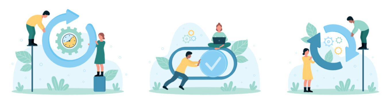 Business cycle, management set vector illustration. Cartoon tiny people reload system with circular arrow and renew process again, restart or update application and turn slider button with efforts