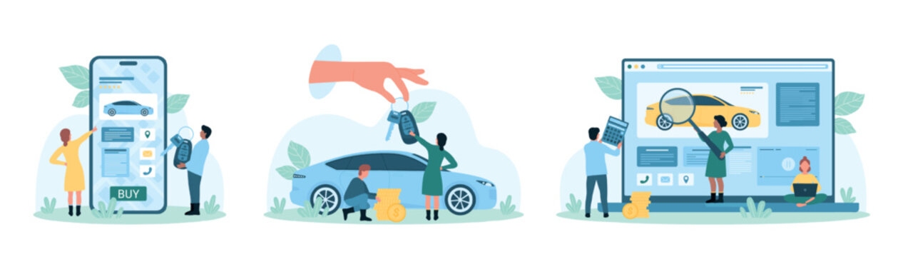 Buy or rent car set vector illustration. Cartoon tiny people with magnifying glass check online classifieds of dealers or owners in automobile market service, man holding vehicle key and gold coins