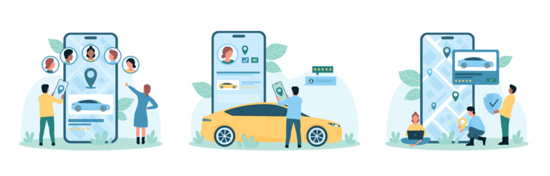 Rent and share car set vector illustration. Cartoon tiny people holding mobile phone, insurance shield and navigation pin, using carsharing application, remote vehicle rental and taxi service app