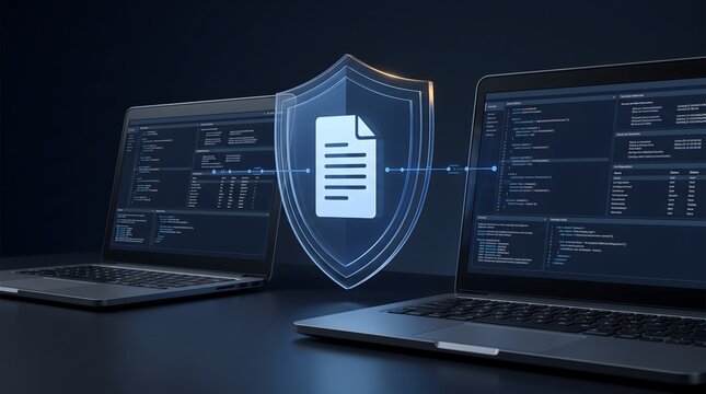 Digital document security concept with glowing shield icon protecting data between two laptops displaying code and information on dark background