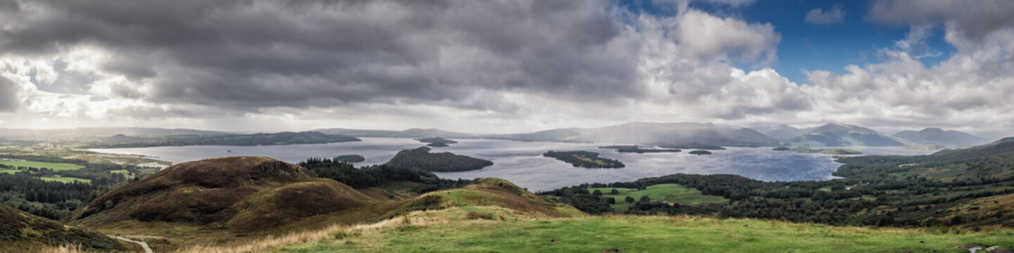 Panoramic view of Loch Lomond from Conic Hill near Balmaha in Scotland