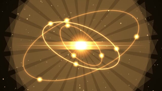 Abstract golden atom orbits rotating around glowing sun flare on geometric burst background.