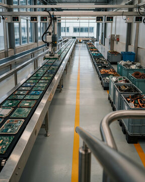Robotic arm sorts old green electronic printed circuit boards on factory conveyor belt.