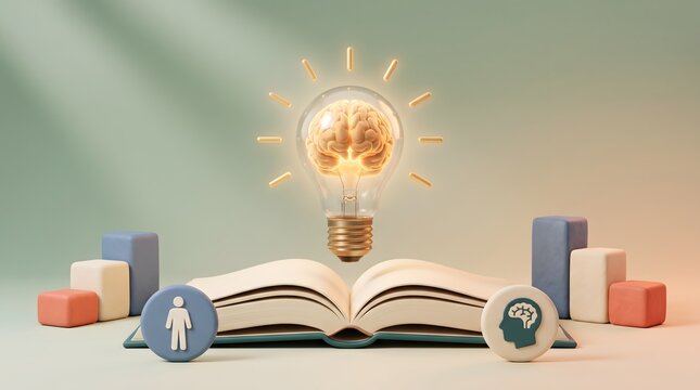 Cognitive learning concept featuring a glowing brain inside a lightbulb floating above an open book with educational analytics icons