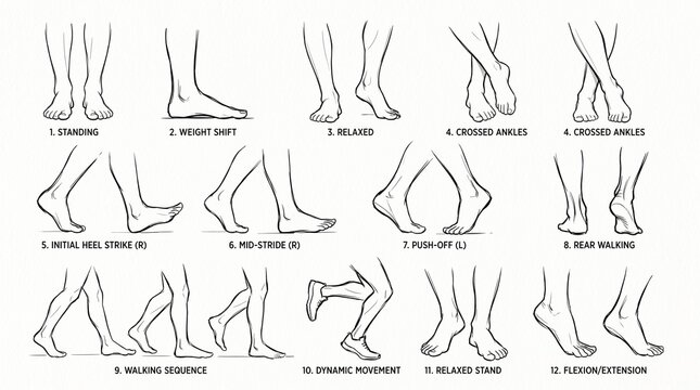 Anatomical reference sheet showing various human leg and foot positions for drawing.