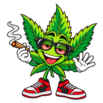 Funny Cannabis Leaf Mascot Character with Sunglasses and Joint, Cartoon 