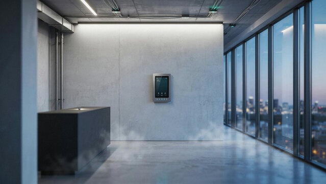 Smart access control system on a minimalist concrete wall, modern hallway with city view.
