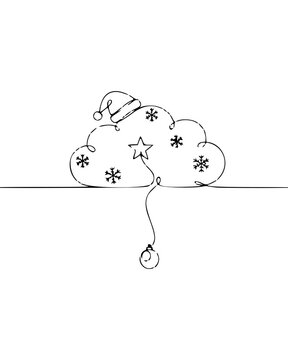 Continuous Line Santa Cloud with Snowflakes, Star and Ornament