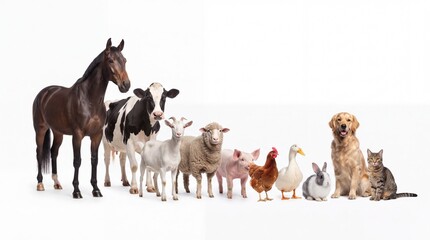Obraz premium Group of farm animals standing together on white background photo