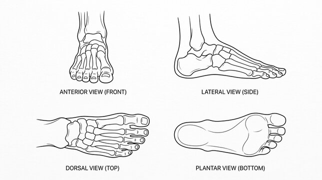 Anatomical illustration showing the human foot skeleton from four different viewing angles.