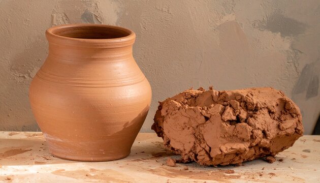 Terracotta Clay Pot and Raw Clay Lump on Wooden Table Textured Wall Background Pottery Craft Concept