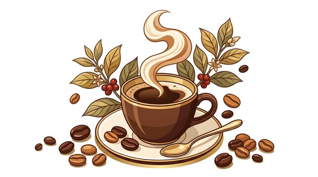 Hot coffee cup with steam roasted coffee beans and coffee plant branch isolated on white background vector illustration.