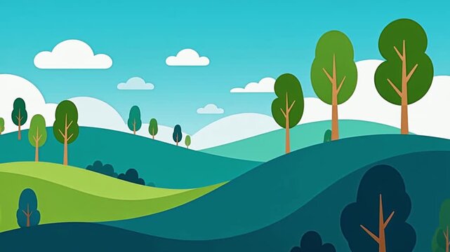 Animated spring landscape video featuring rolling green hills and blue sky with white clouds