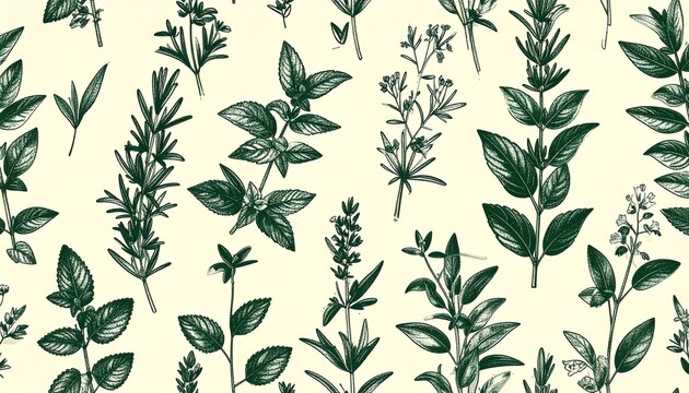 Vintage Botanical Herb Seamless Pattern with Rosemary Mint Sage Engraving Style on Cream Background