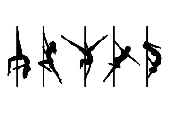 Female pole dancers silhouettes in various poses on vertical poles.