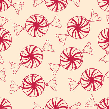 Pink Candy Seamless Pattern with Sweet Peppermint Hard Candies Vector